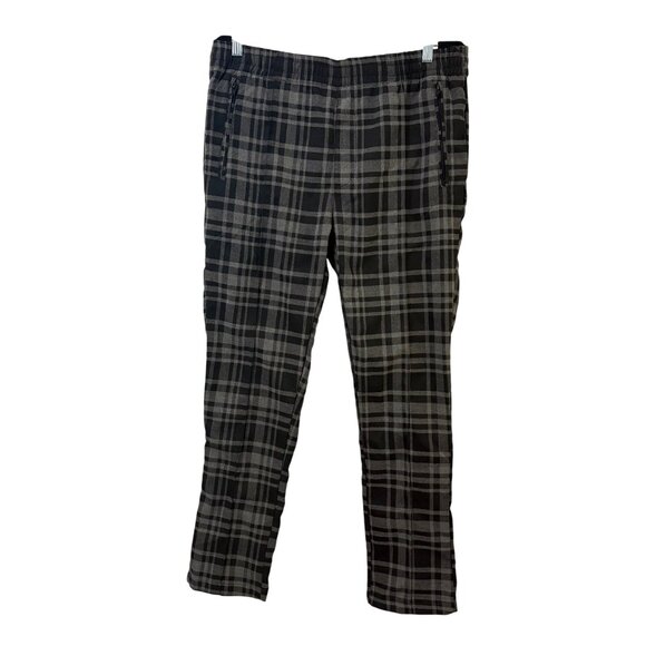 Forever 21 Mens Black & Grey Plaid Long Woven Pants L Elastic Waist Zip Pockets - Picture 1 of 10